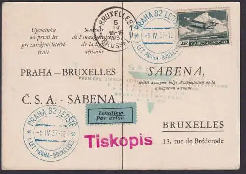 Flugpost Tschechoslowakei gute Flugkarte SABENA Peag Brüssel Belgien 5.4.1937