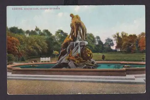 Ansichtskarte Coburg Bayern Herzog Carl Eduard Brunnen nach Fürth Bayern