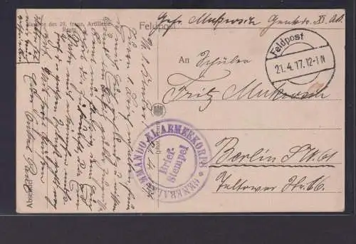 Ansichtskarte Feldpost Kaserne Französische Attelerie 29. Regiment nach Berlin