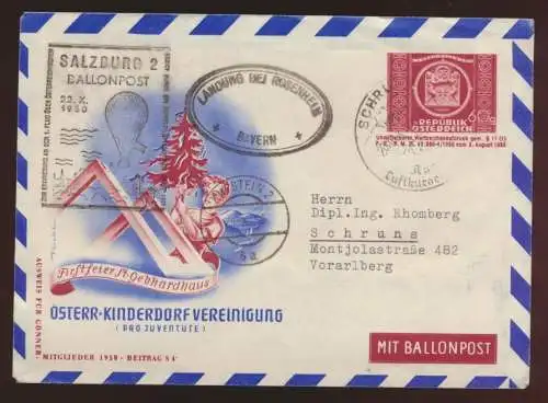 Flugpost airmail Ballonpost Ballon Post Österreich 60g UPU Privatganzsache