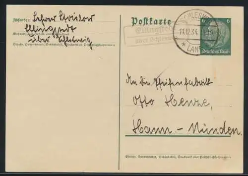 Deutsches Reich Ganzsache Hindenburg Landpoststempel Ellingstedt n. Hann. Münden