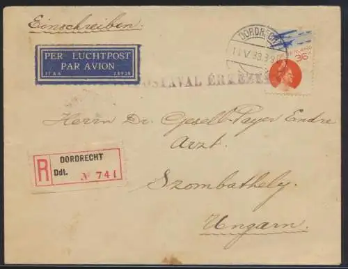 Flugpost air mail Niederlande R Brief Dordrecht nach Szombathhely mit rs. K2