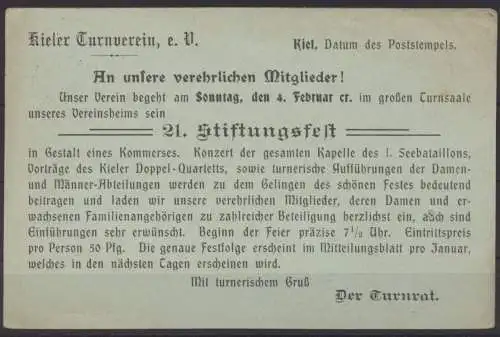 Deutsches Reich Ganzsache P 63 X Zudruck Kiel Turnverein Stiftungsfest 31.1.1906