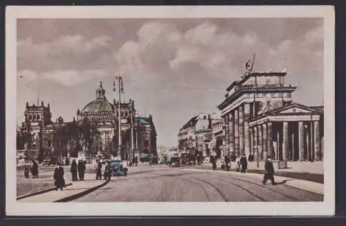 Ansichtskarte Künstlerkarte Berlin Brandenburger Tor Reichstagsgebäude Oldtimer