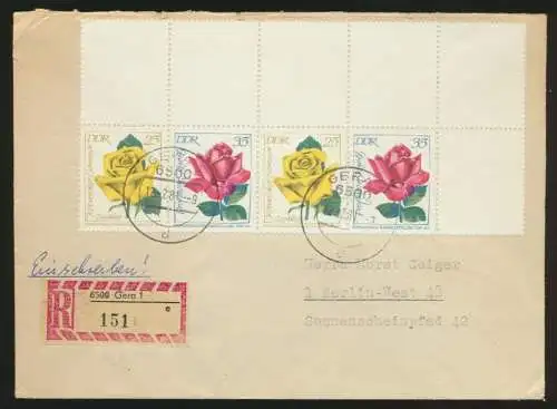 DDR R Brief Zusammendruck Rosen Bogenecke Eckrand 6 gezähnte Leerfelder Gera n.