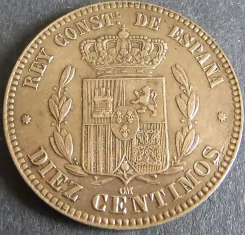 Münze Spanien Alfonso XII 10 Centimos 1879 unz. Schön: 162