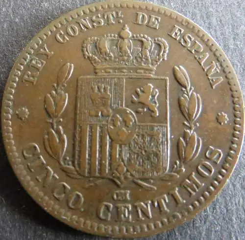 Münze Spanien 5 Centimos 1877 Schön: 161 vzgl.