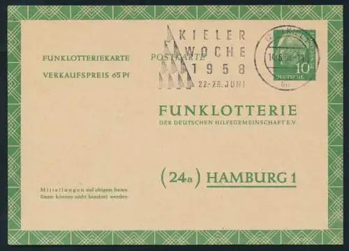 Bund Ganzsache FP 6 a Funklotterie Werbestempel Kieler Woche 1958