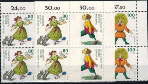 Bund 1726-1730 Jugend 1994 Bogenecke Eckrand Viererblock o. re. postfrisch