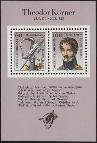 Bund Block 25 Geburtstag Theodor Körner Schriftsteller 1991 tadellos postfrisch