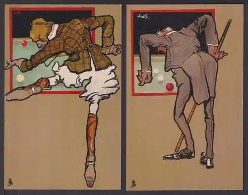 Ansichtskarte Sport Billard sign L.S. Serie von 6 tollen Art Deco Künstlerkarten