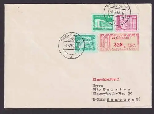 DDR R Brief MIF Aufbau plus Einschreibemarke 50 Pfg. Gebühr bezahlt Greifswald