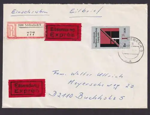 Briefmarken DDR Eilboten R Brief EF Leipziger Buchkunst Ausstellung Schönebeck