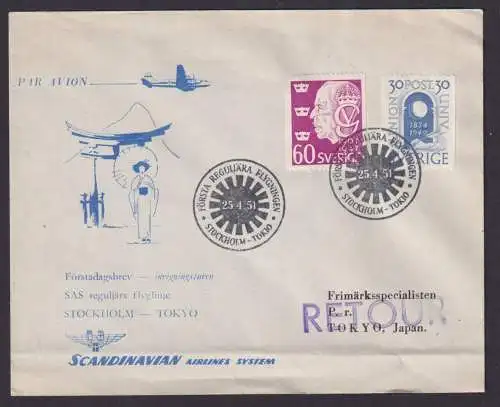 Flugpost Brief Air Mail SAS Schweden Stockholm Tokio 25.4.1951