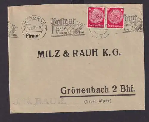 Ulm Donau Baden Württemberg Deutsches Reich Drittes Reich Brief Postsache