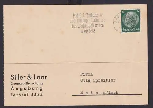 Augsburg Bayern Deutsches Reich Drittes Reich Karte Postsache SST Auf