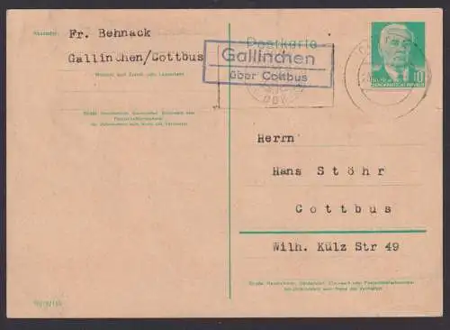 Gallinchen über Cottbus Brandenburg DDR Ganzsache Landpoststempel n. Cottbus