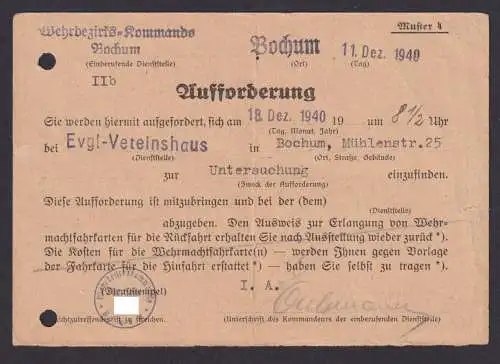 Bochum Mühlenstr. 25 Deutsches Reich NS Dokument Aufforderung Untersuchung mit