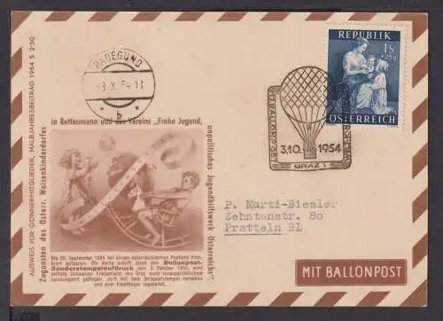 Flugpost Brief Graz Österreich 12. Ballon Post Flug 1954 Pratteln Schweiz