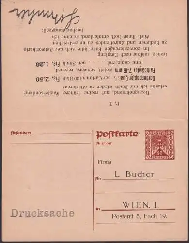 Österreich Privatganzsache Wappen Adler 50 Kr. L. Bucher Wien Doppelkarte F+A