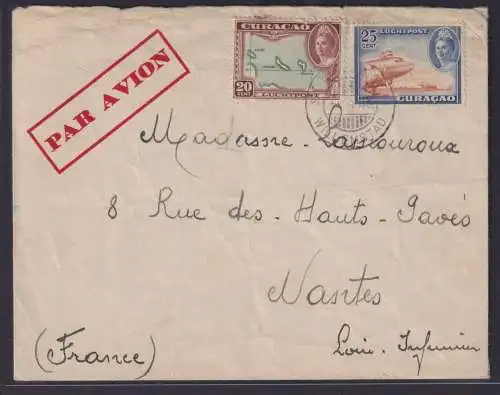 Flugpost airmail Curacao Destination Willelmstad Nantes Frankreich Karibische