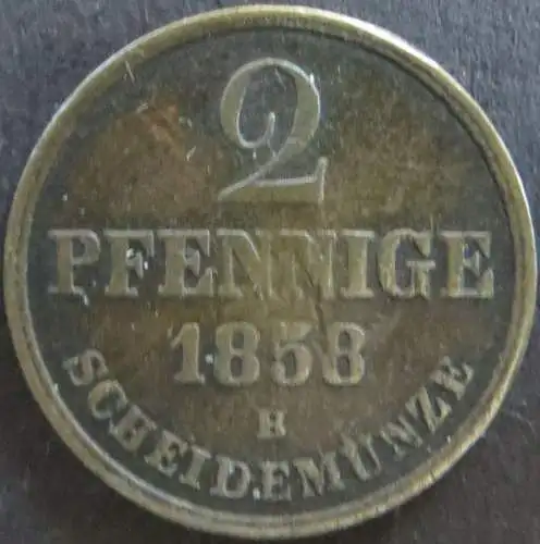 Münze Hannover 153 - 2 Pfennig Scheidemünze 1858 Monogramm Kupfer ss