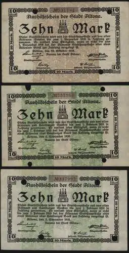 Geldschein Banknote Notgeld Altona 3 Stück 10 Mark 3, 6 + 7 fast kfr. 1918/19