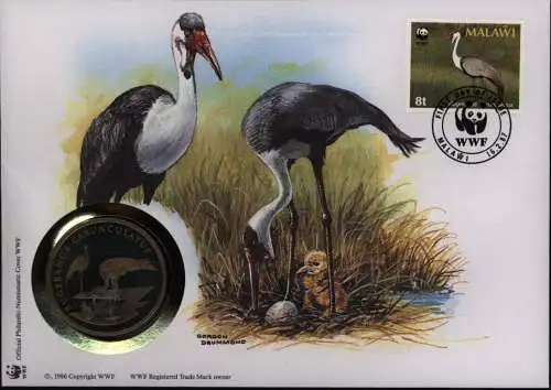 Numisbrief Malawi Klunkerkranich Medaille 30 Jahre WWF Tiere Vögel