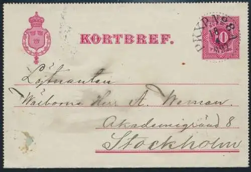 Schweden Ganzsache Kartenbrief K 2 mit Bahnpost-Stempel PKXP.No. 8.A. Stockholm