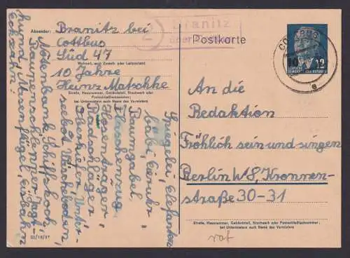 Branitz über Cottbus Brandenburg DDR Ganzsache Landpoststempel n. Berlin