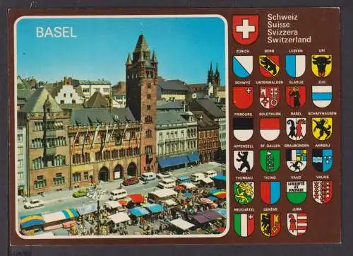 Ansichtskarte Basel Schweiz Marktplatz mit Rathaus div Schweizer Wappen