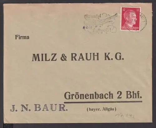 Deutsches Reich Brief selt. SST Benutzt Luftpost 1942 Ulm Bayern Grönenbach