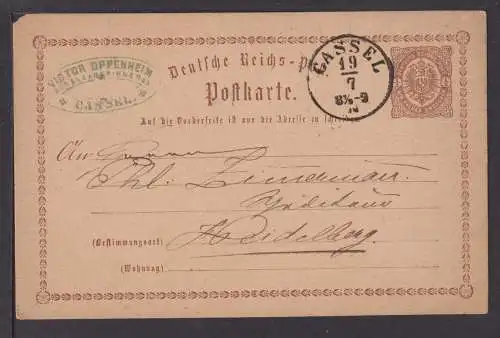 Deutsches Reich Brustschild Ganzsache P 1 K1 Kassel nach Heidelberg Ausgabe 1873