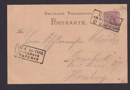 Bünde NRW Westfalen Deutsches Reich Ganzsache R3 Hamburg Barmbeck 19.12.1884