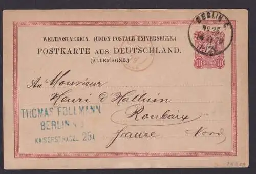 Deutsches Reich Ganzsache K1 Berlin C. No.25 Ronbaiy Frankreich 13.8.1879 inter.