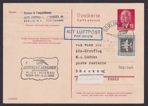 Flugpost airmail DDR Ganzsache Austrian Airlines Österreich Zuleitung Moskau