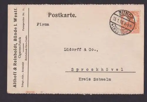 Deutsches Reich Brief EF Germania nach Sprockhövel auf Reklame Postkarte 1918