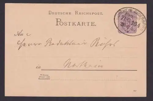 Bahnpost Northeim Paderborn Deutsches Reich Ganzsache Zug 164 31.10.1887