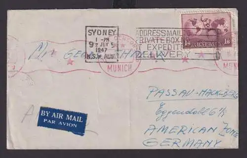 Australien Flugpost Brief EF 1,6 Sh nach Passau Hacklberg 1947