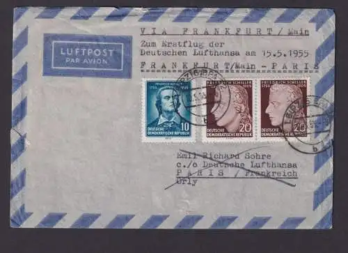 Flugpost Brief Air Mail DDR MIF Paar Leipzig via Frankfurt Paris Frankreich 1955