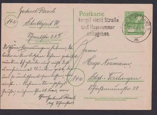 All. Besetzung Ganzsache Maschin St. Stuttgart Postsache Vergiß... Vaihingen