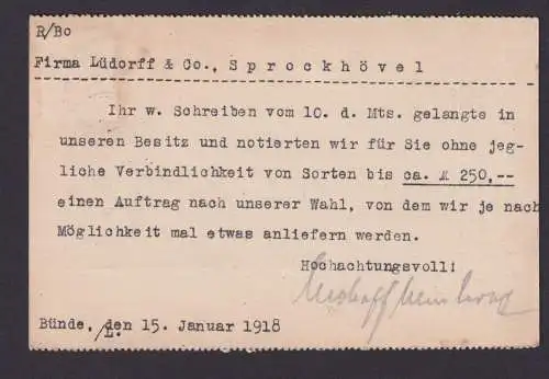 Deutsches Reich Brief EF Germania nach Sprockhövel auf Reklame Postkarte 1918