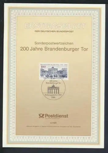 Bund Ersttagsblatt 200 Jahre Brandenburger Tor Bonn 1991