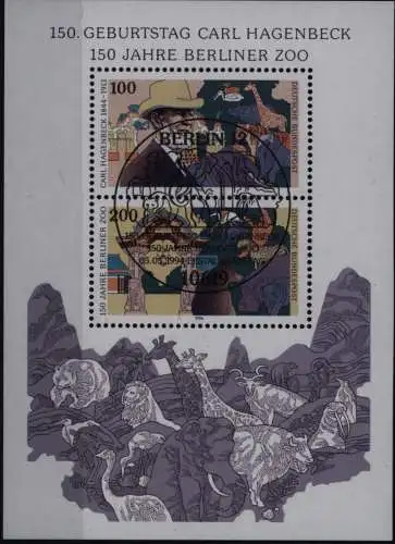 Bundesrepublik Block 28 Plattenfehler I Hagenbeck mit Ersttagssonderstempel