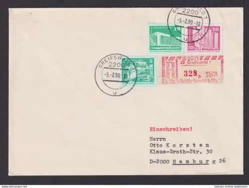 DDR R Brief MIF Aufbau plus Einschreibemarke 50 Pfg. Gebühr bezahlt Greifswald