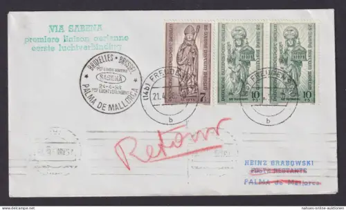 Flugpost Brief Air Mail SABENA Brüssel Belgien Palma d Mallorca Zuleitung Berlin
