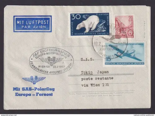 Flugpost Brief Air Mail DDR Ganzsache SAS Polarflug Europa Fernost +ZuF Erstflug
