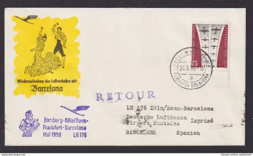 Flugpost Brief Air Mail Lufthansa dekor. Beleg Hamburg Köln Barcelona Spanien