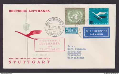 Flugpost Brief Air Mail Bundesrepublik Lufthansa München Stuttgart 1955