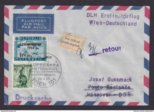 Flugpost Brief Air Mail Wien Österreich Lufthansa Hannover Aufkleber n. abgeholt